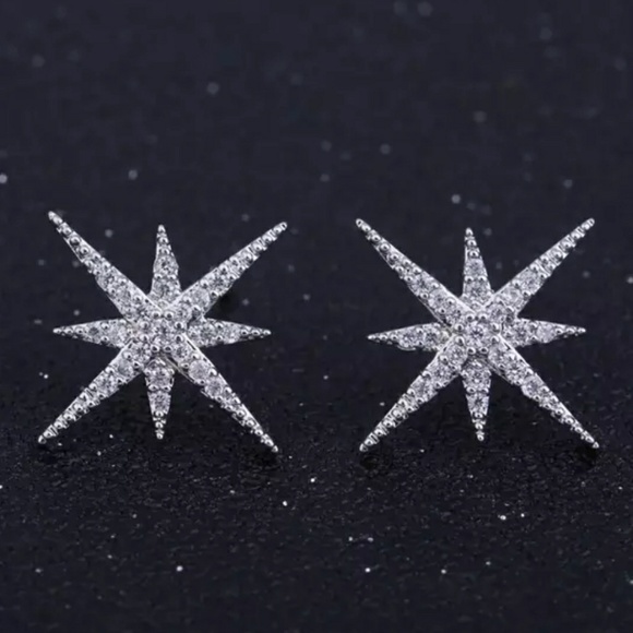 Silver Diamond Star Stud Earrings ear ring - Picture 5 of 6